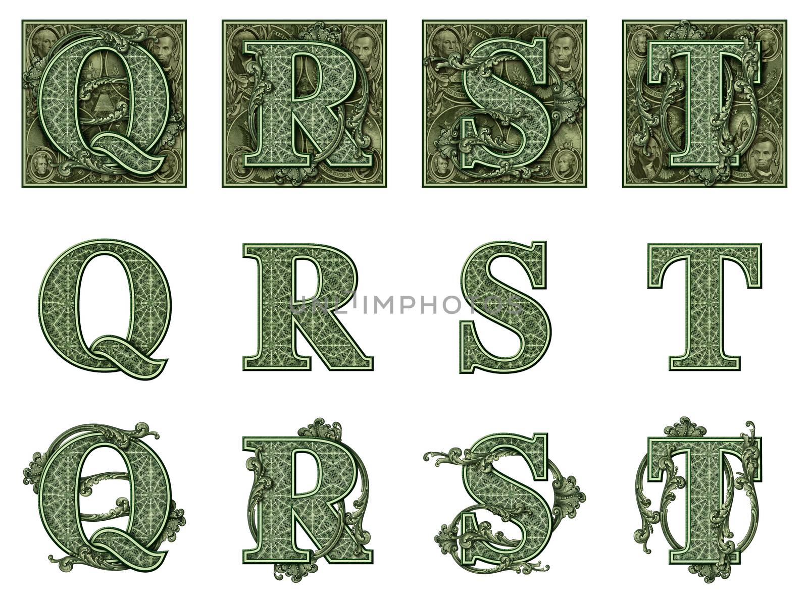 Photo-Illustration using parts of U.S. currency bills retouched and re-illustrated to create a new Money-themed alphabet. Eight total files can be downloaded to get a complete set.