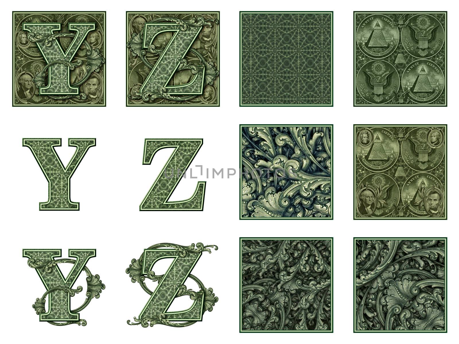 Photo-Illustration using parts of U.S. currency bills retouched and re-illustrated to create a new Money-themed alphabet. Eight total files can be downloaded to get a complete set.