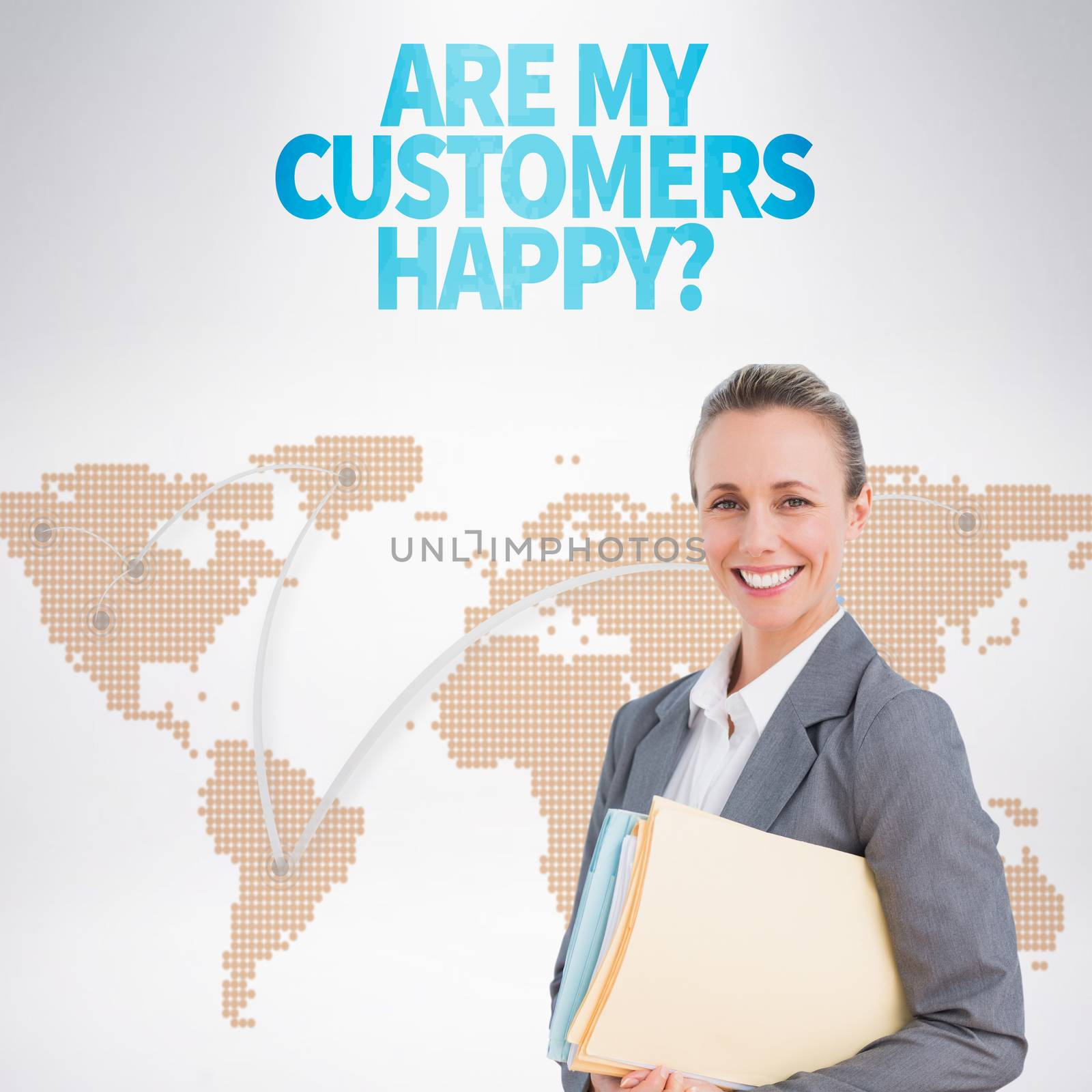 Smiling businesswoman against world map with lines