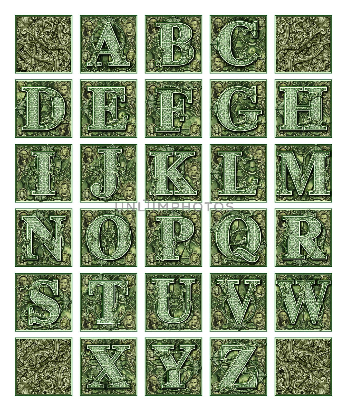 Photo illustration of an alphabet built from parts of a dollar bill.