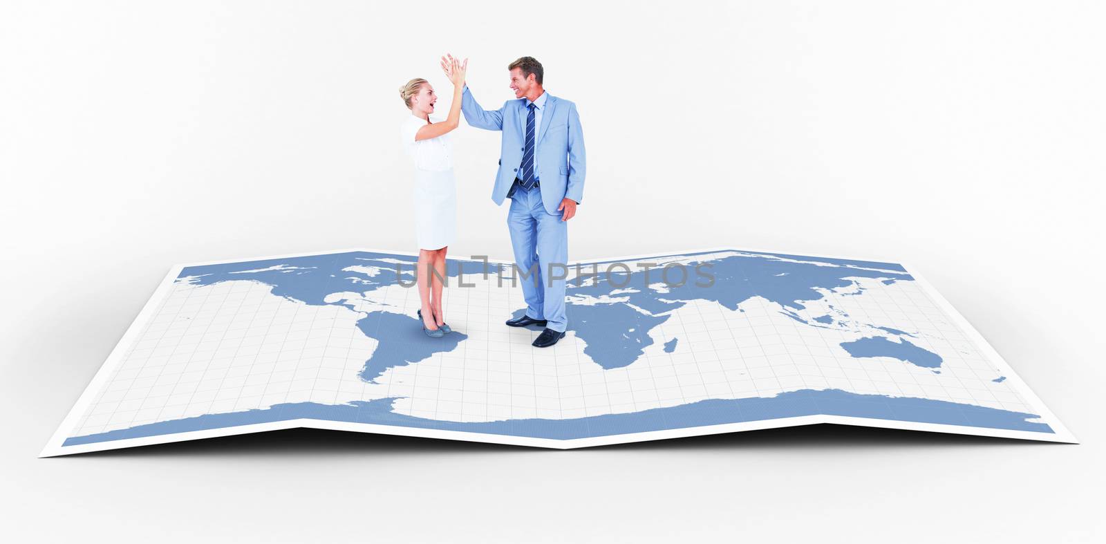 businessman and businesswoman greeting each other  against world map