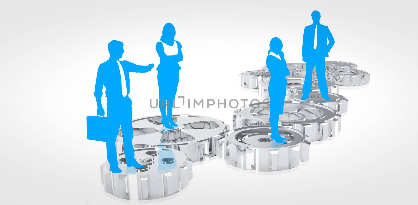 Blue business silhouette against cogs and wheels