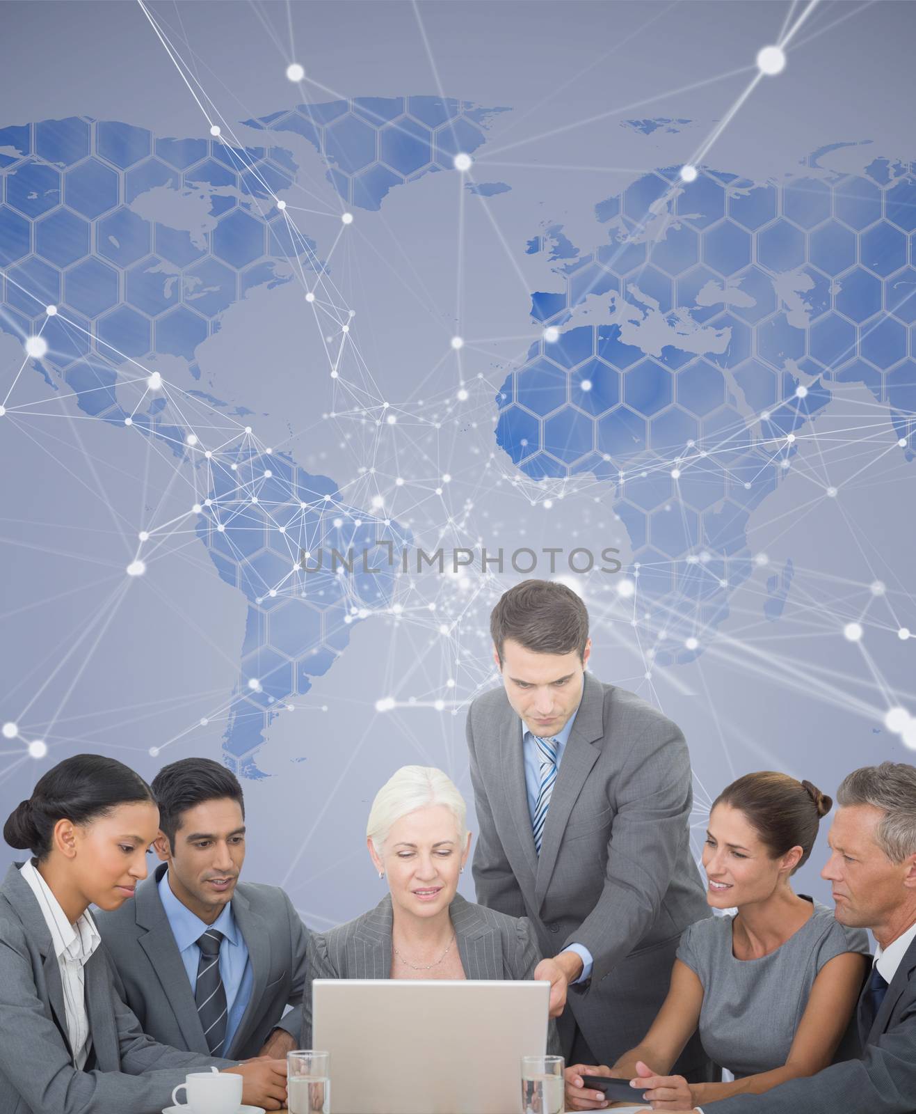Business people using laptop  against background with world map