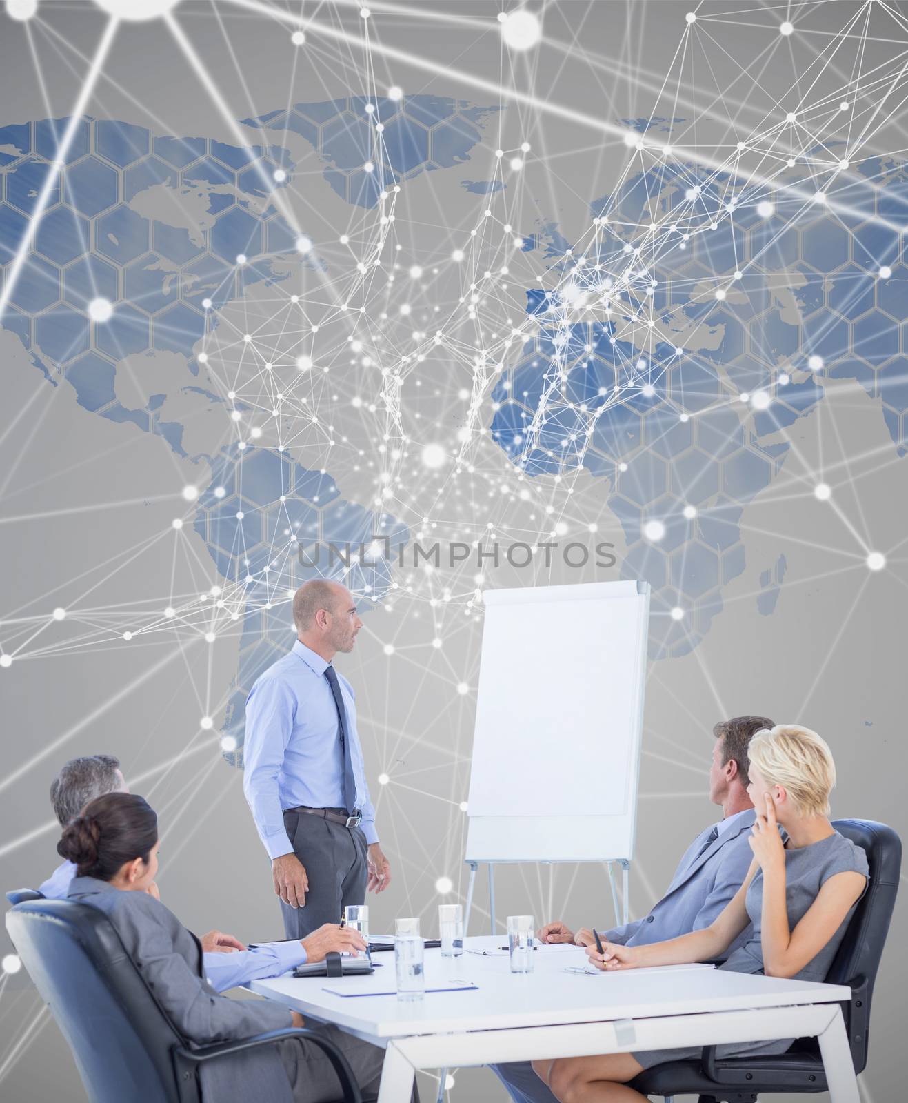 Business people listening during meeting  against background with world map