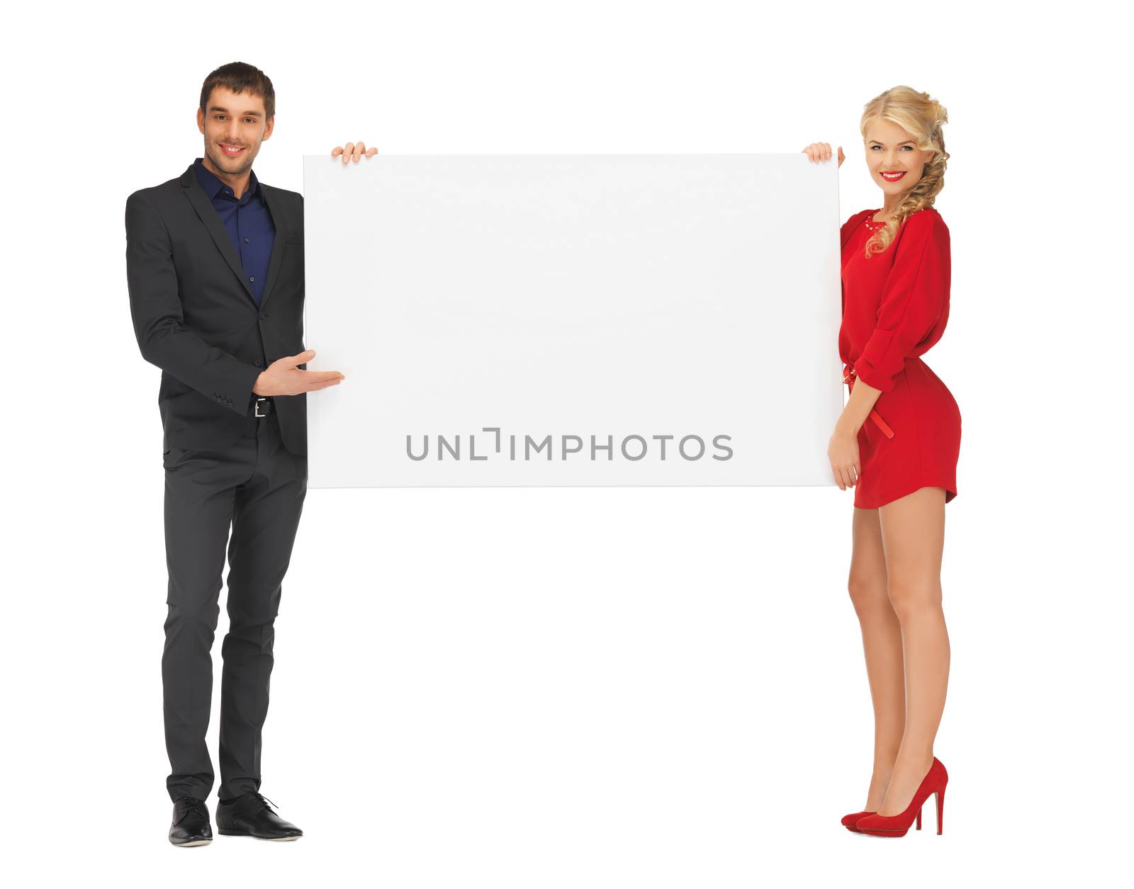 advertising and fashion concept - smiling couple holding big blank white board