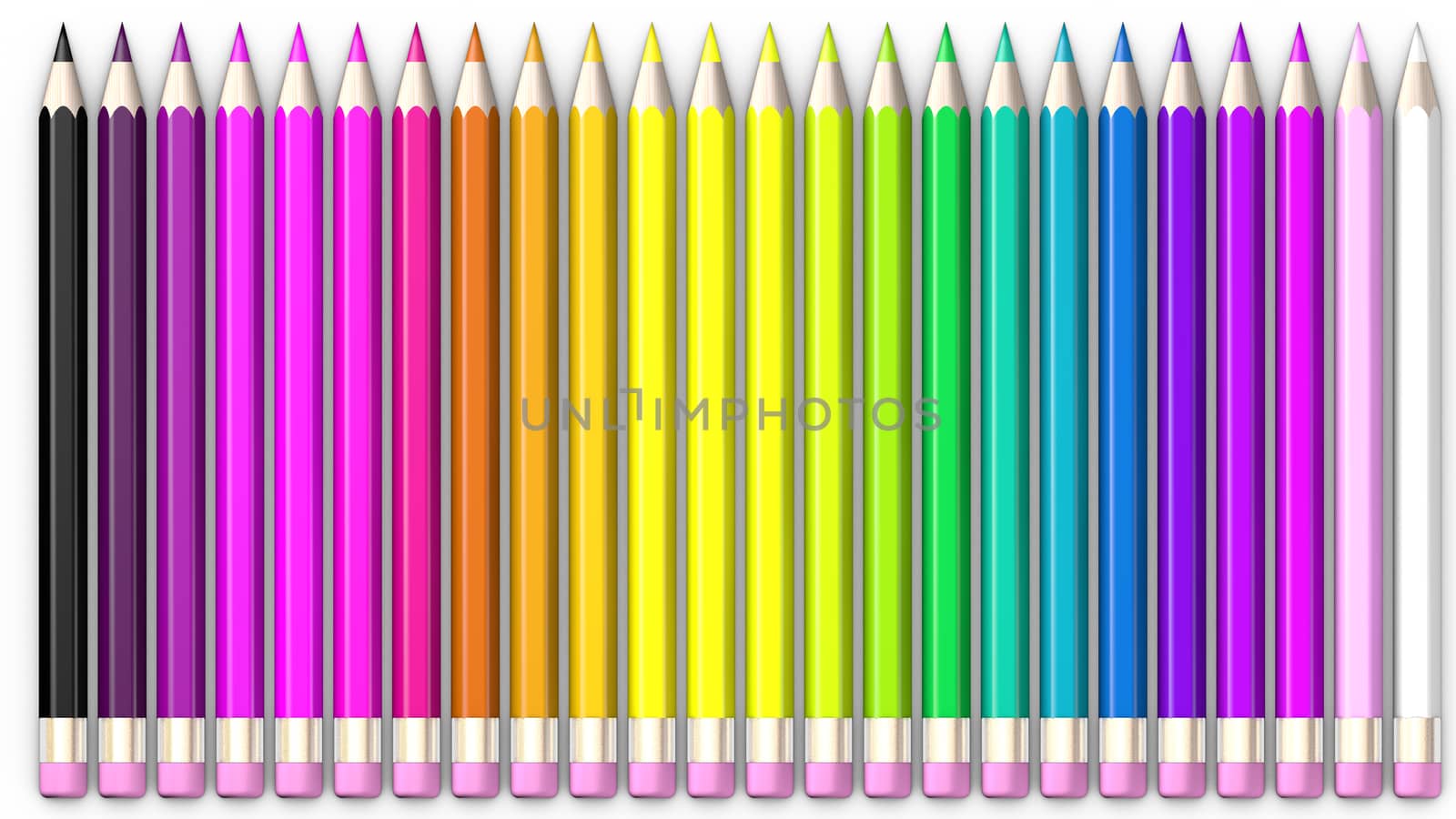 Set of coloured pencil. Pencils are aligned and sorted using rainbow colours.