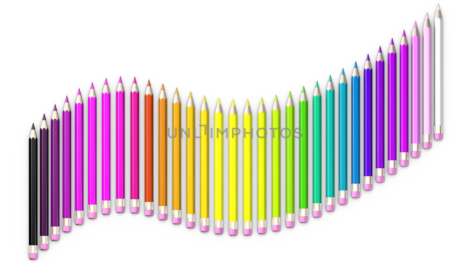 Set of coloured pencil. Pencils are aligned following a wave and sorted using rainbow colours.