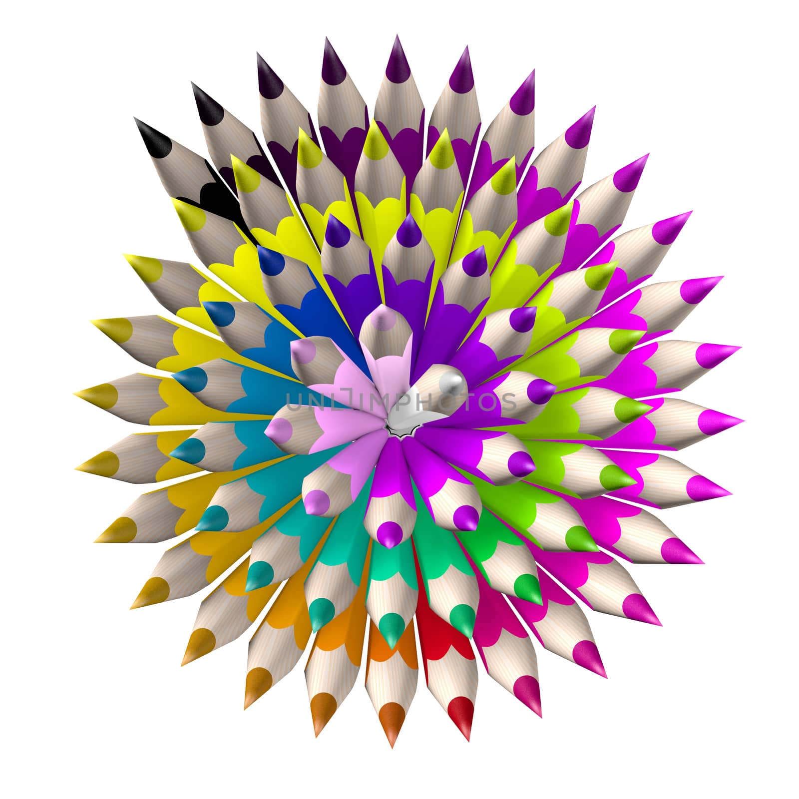 Set of coloured pencil. Pencils are aligned following a spiral and sorted using rainbow colours. by ytjo