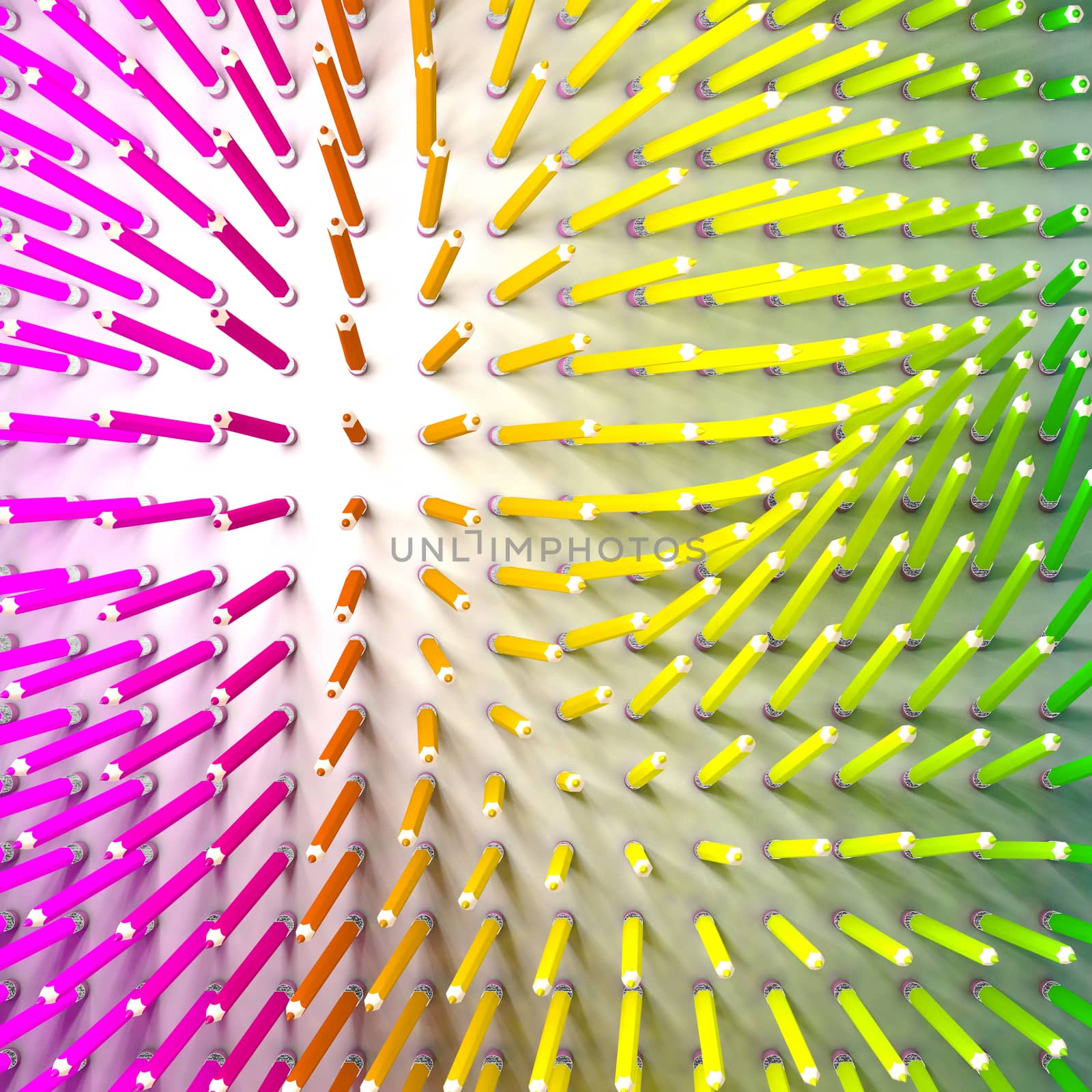 Set of coloured pencil. Pencils are standing and aligned following a force field and using rainbow colours. by ytjo