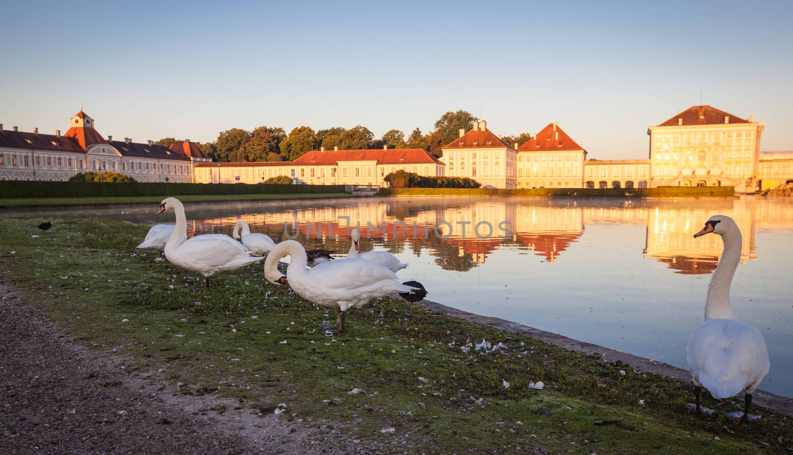 Nymphenburg palace with reflection in the morning sunlight