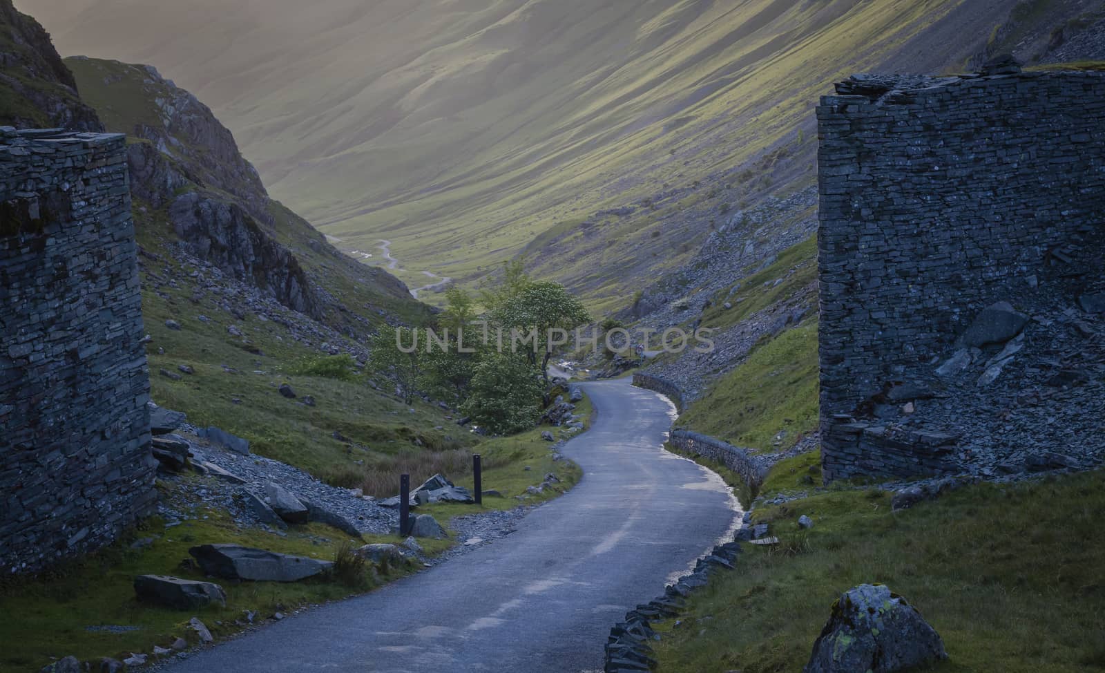 A landscape with road down  the Honister pass in Lake District