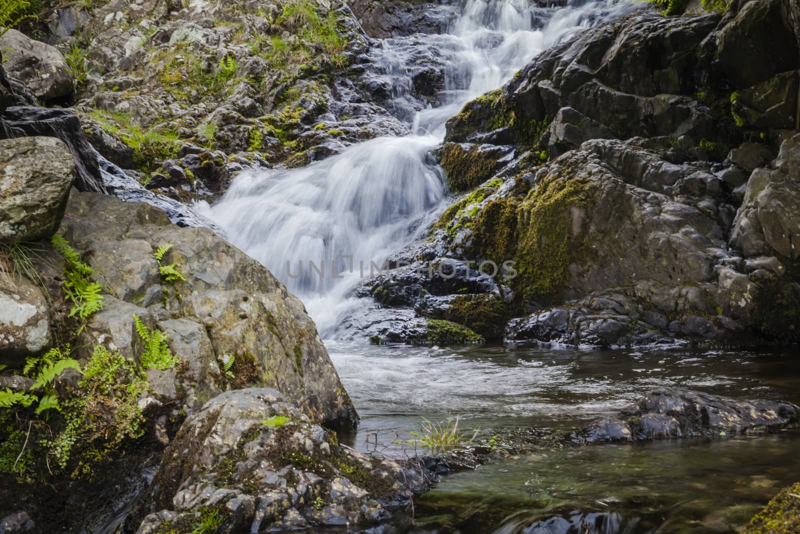 Long Exposure of water flowing down over stones