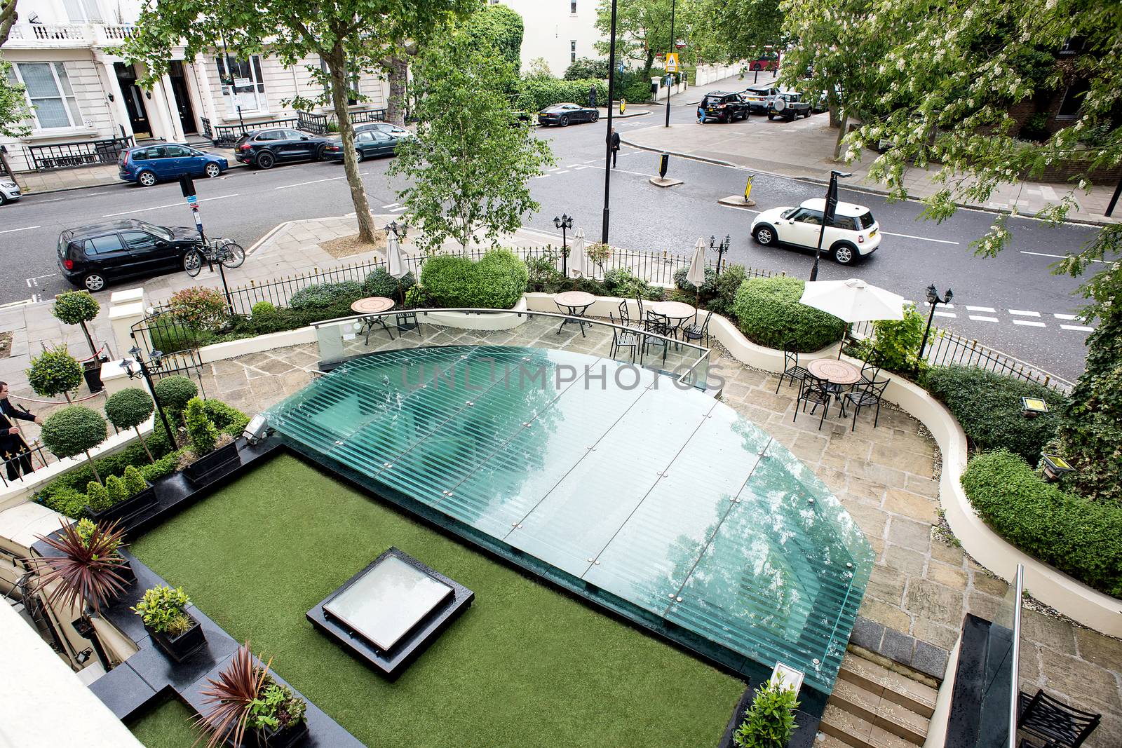 Top view on hotel entrance from the window 