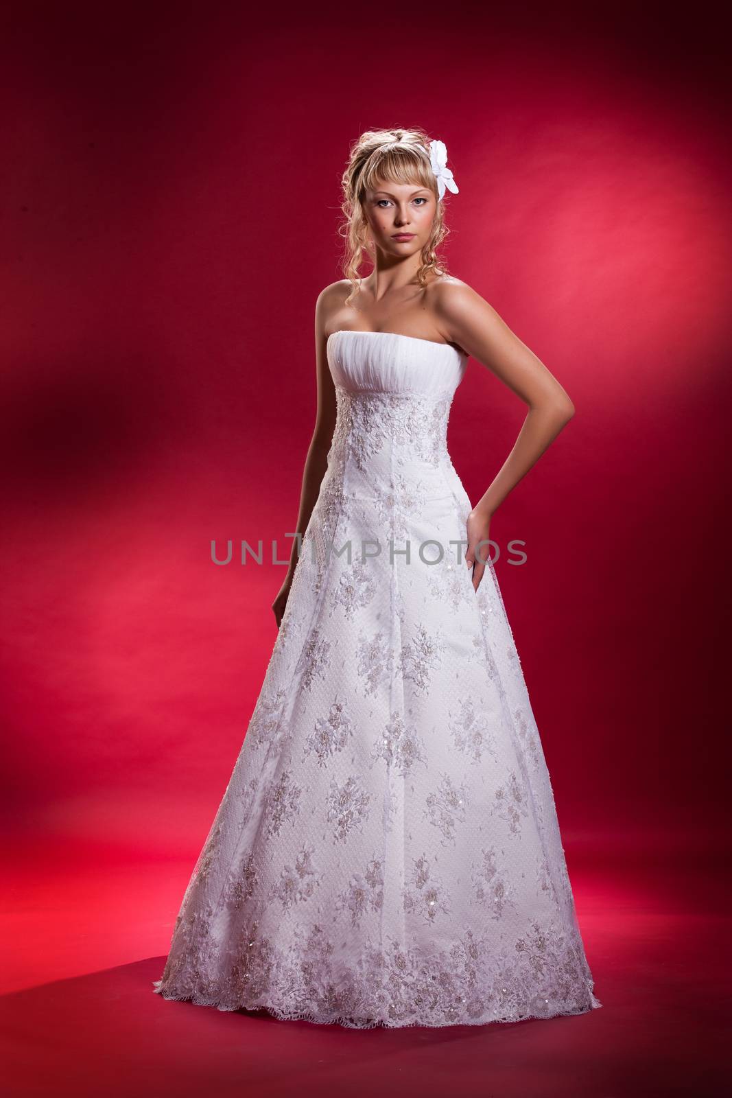 Young woman in a wedding dress on a studio background