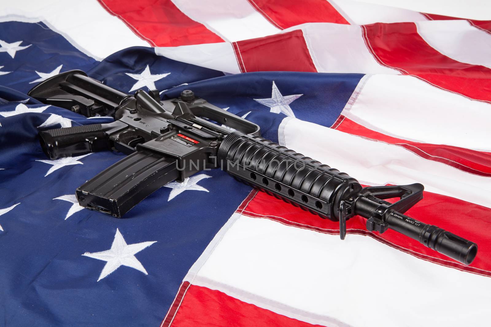 Submachine gun on an American flag with stars and stripes
