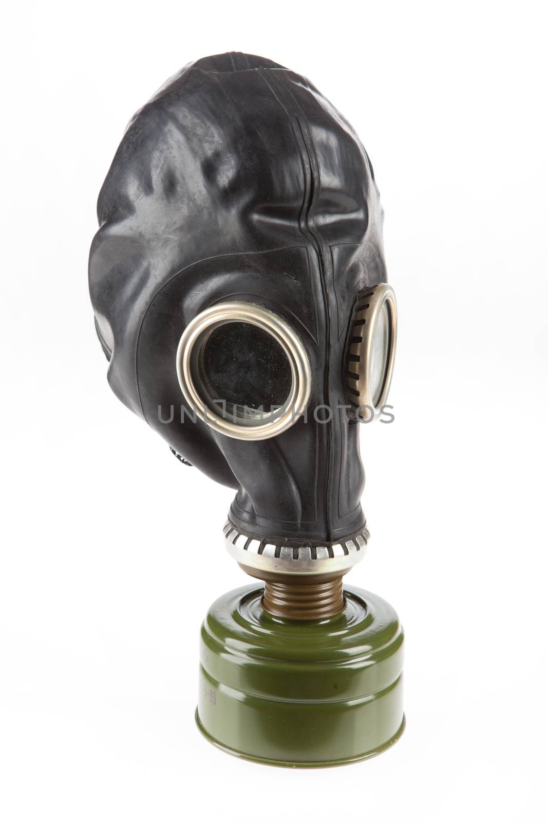 Gas mask with filter ob an isolated studio background