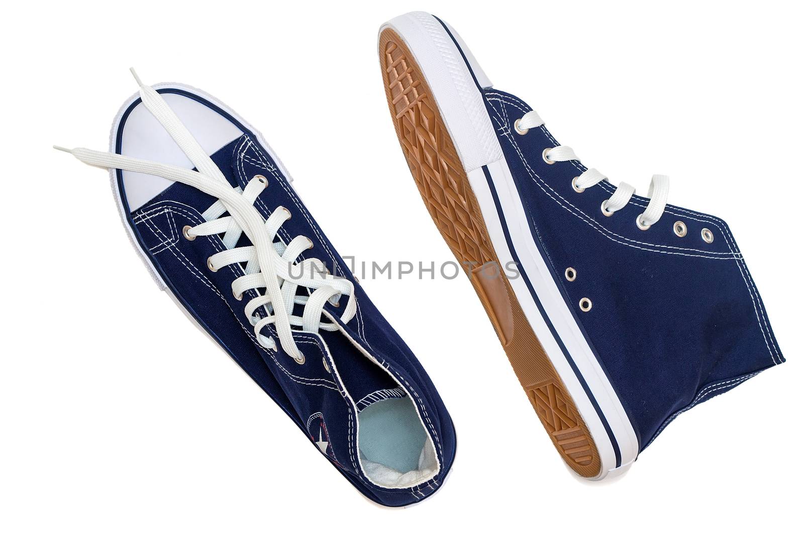 Convenient for sports mens sneakers in dark blue thick fabric. Presented on a white background.