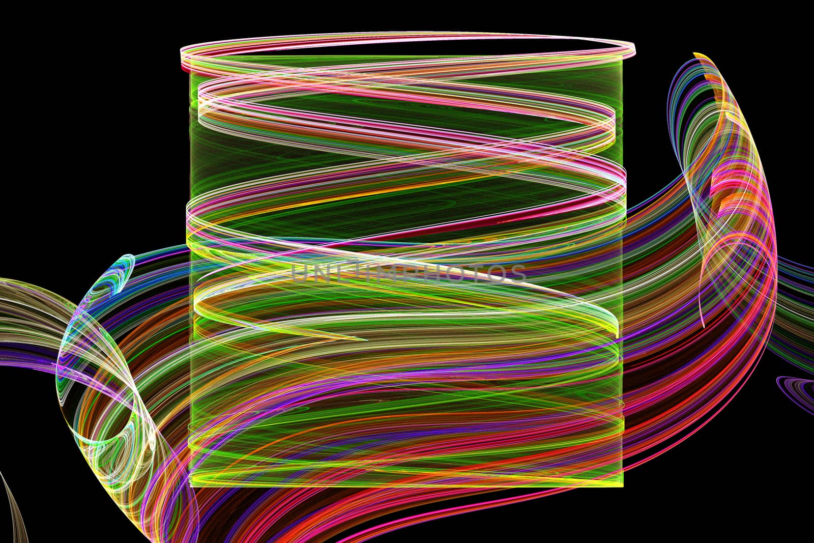 Fractal image on a black background are rendered colored line in the of a whirlwind.