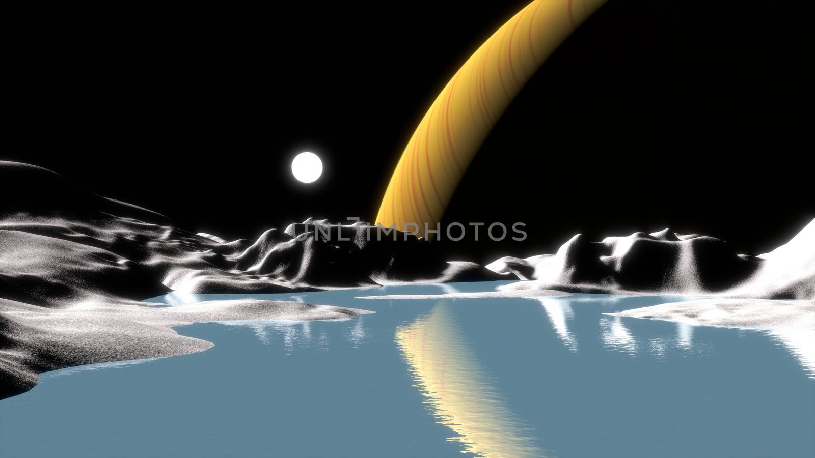 Saturn viewed from Titan moon. Abstract illustration.