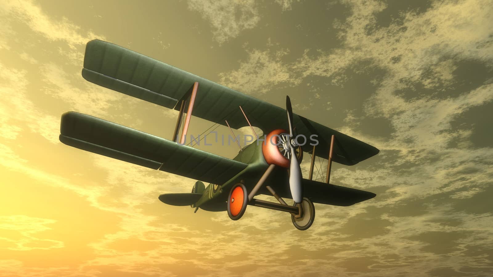 Biplane flying in the sky by sunset - 3D render
