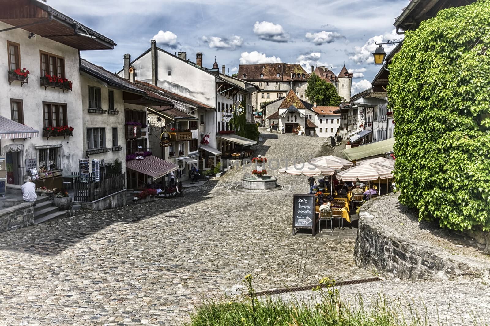 Main street in Gruyeres village by day, Fribourg, Switzerland