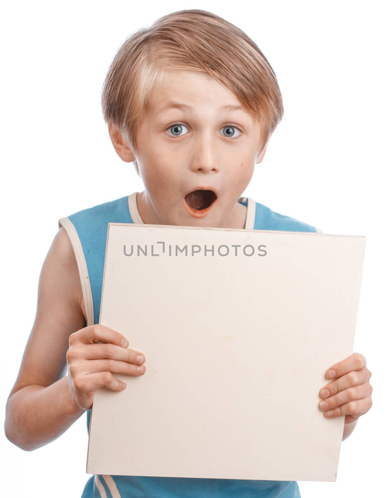 A blond boy holding a blank ad sign isolated on a white background