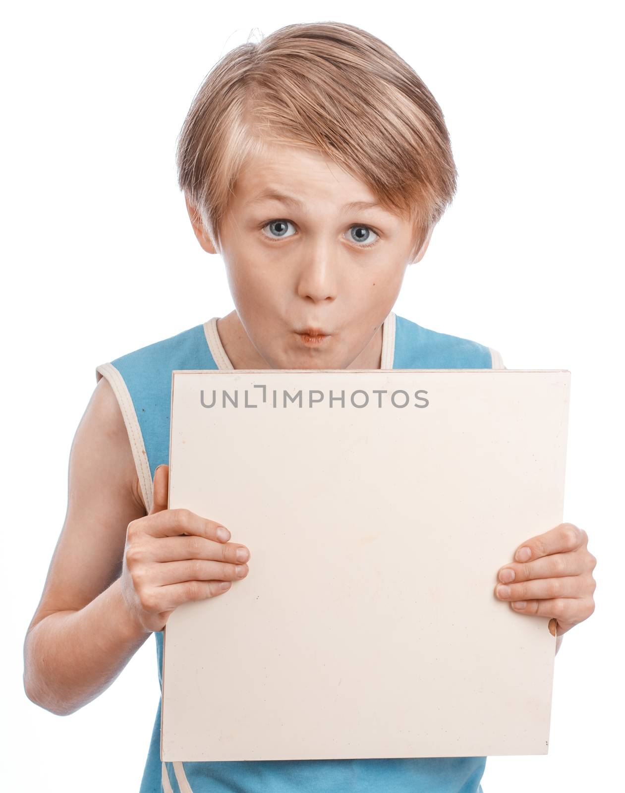 A blond boy holding a blank ad sign isolated on a white background