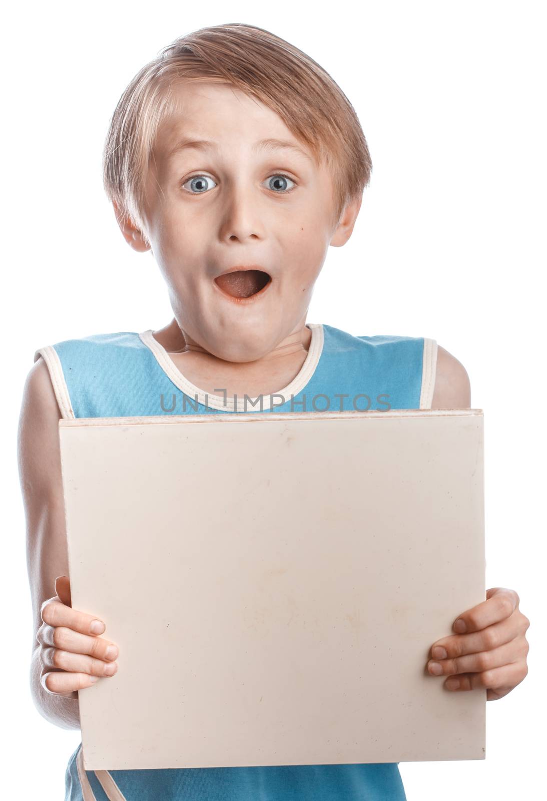 A blond boy holding a blank ad sign isolated on a white background