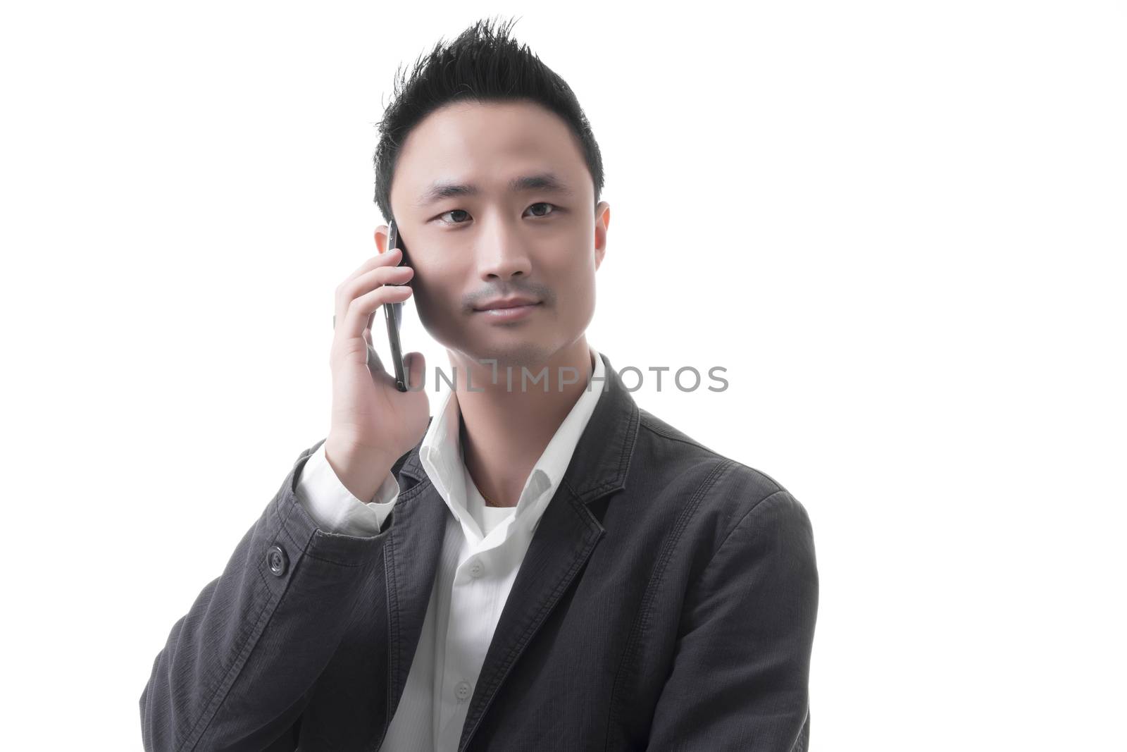 Asian man with telephone in business office concept, isolated on white background