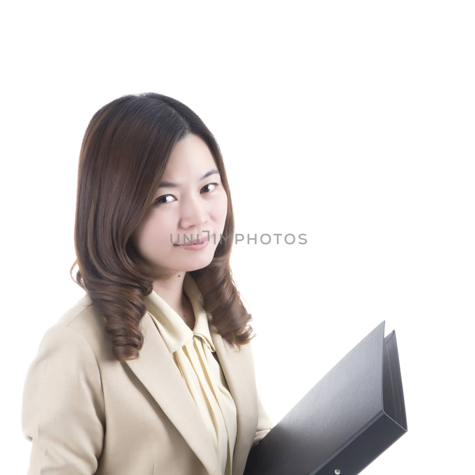 Asian woman with document file in business office concept, isolated on white background