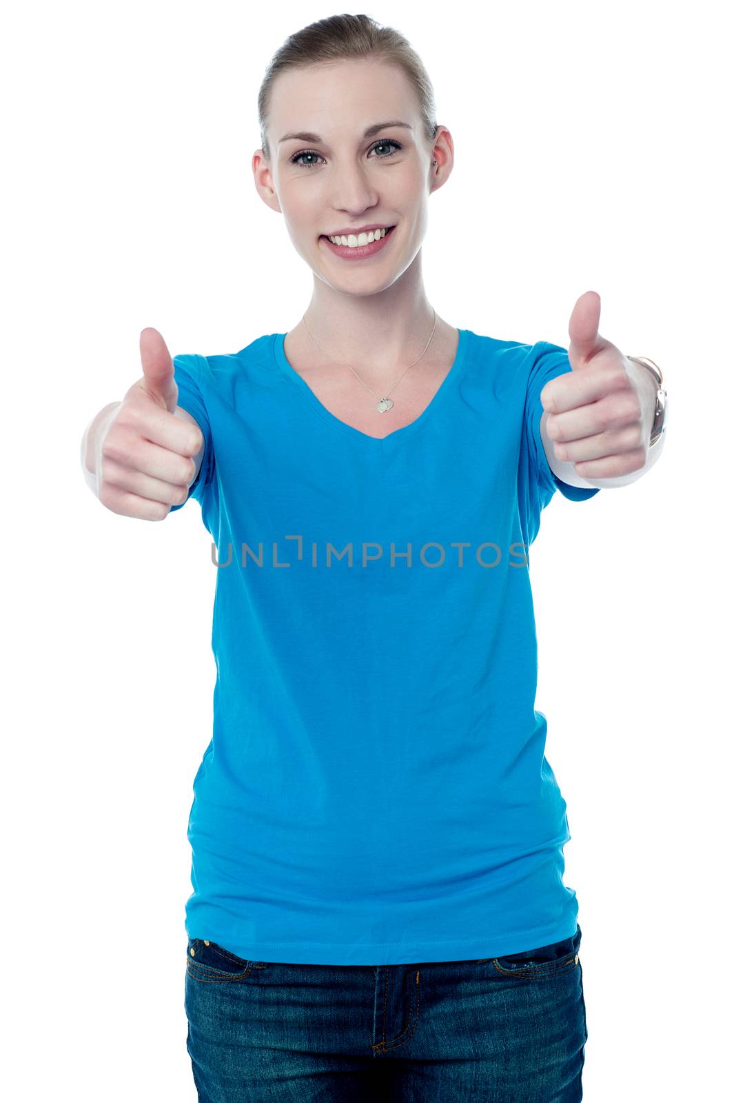 Woman making thumb up gesture by two hands