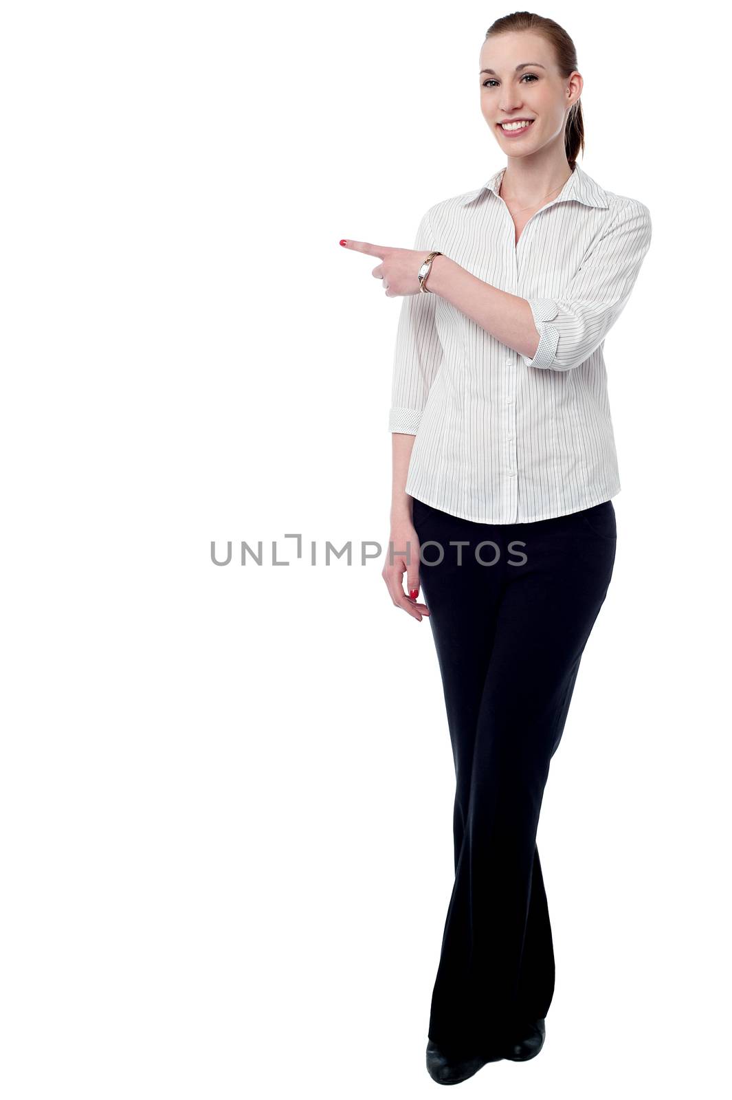 Young business woman pointing something