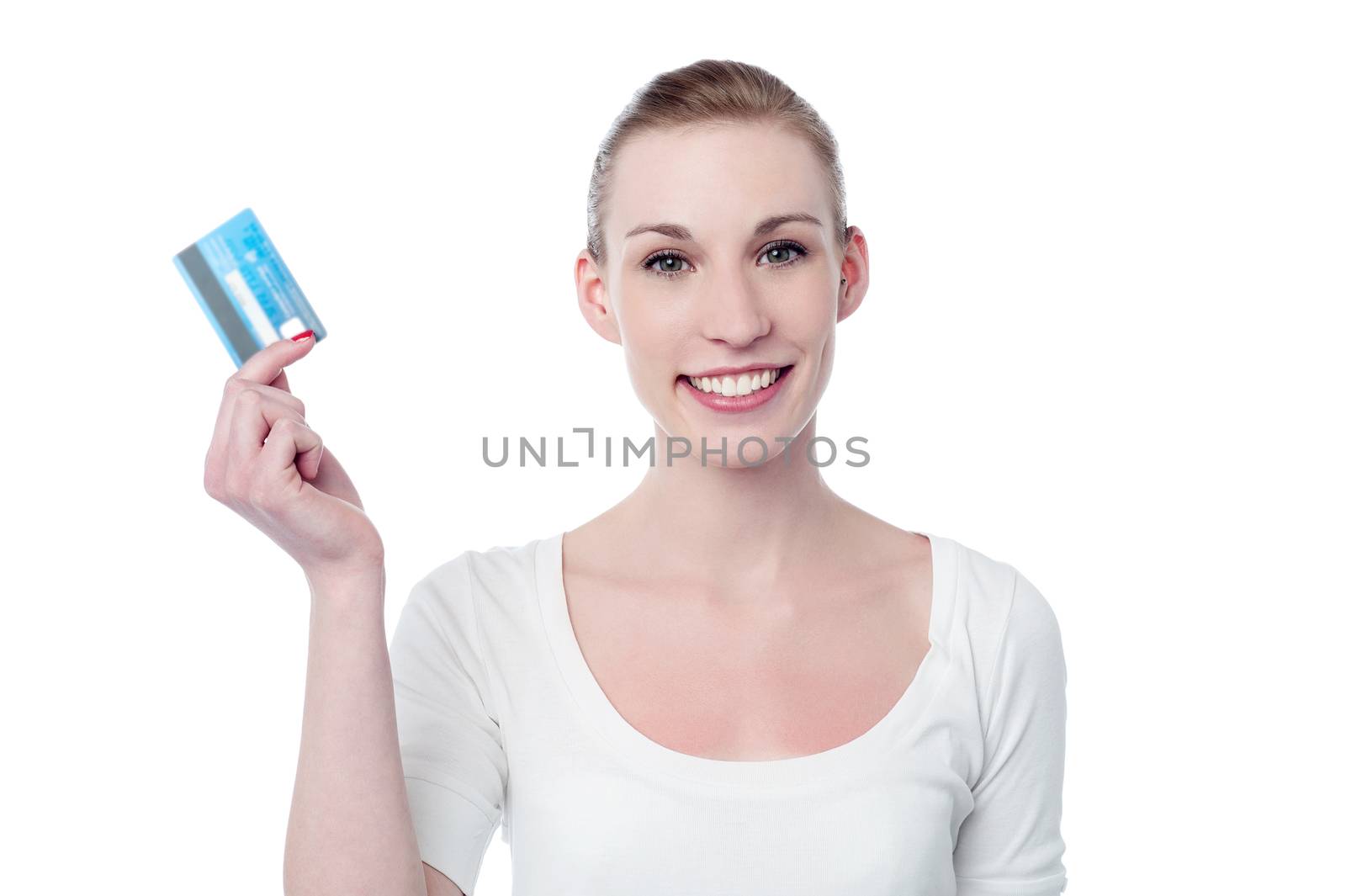 Pretty woman showing her credit card 
