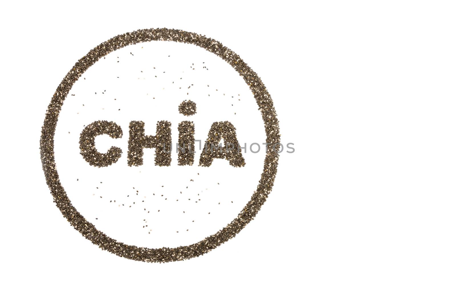 Word CHIA and circle filled with  chia seeds isolated on white background