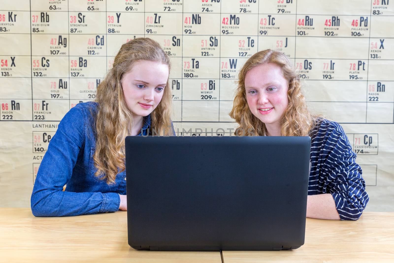 Two teenage girls looking at computer in chemistry lesson by BenSchonewille