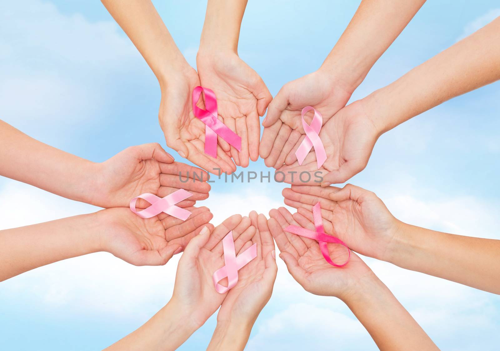 healthcare, people and medicine concept - close up of women hands with cancer awareness ribbons over blue sky background