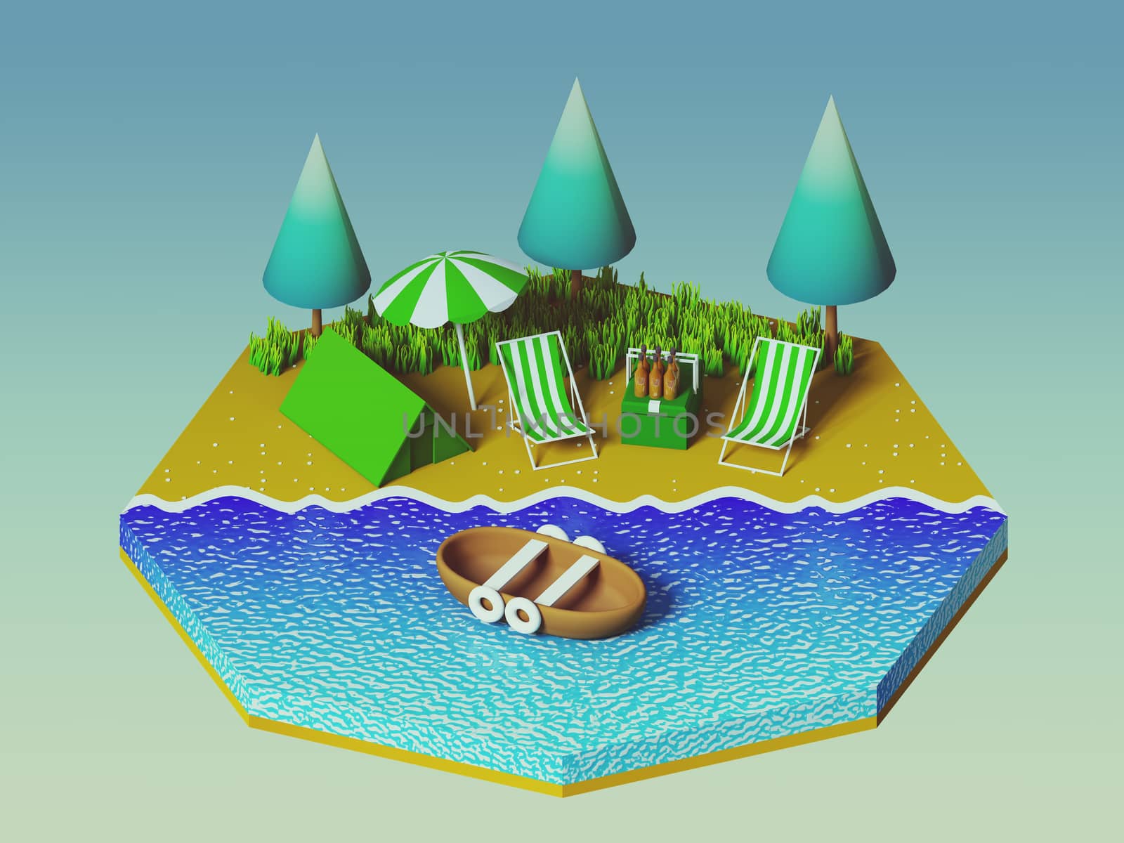 Isometric camping on the beach