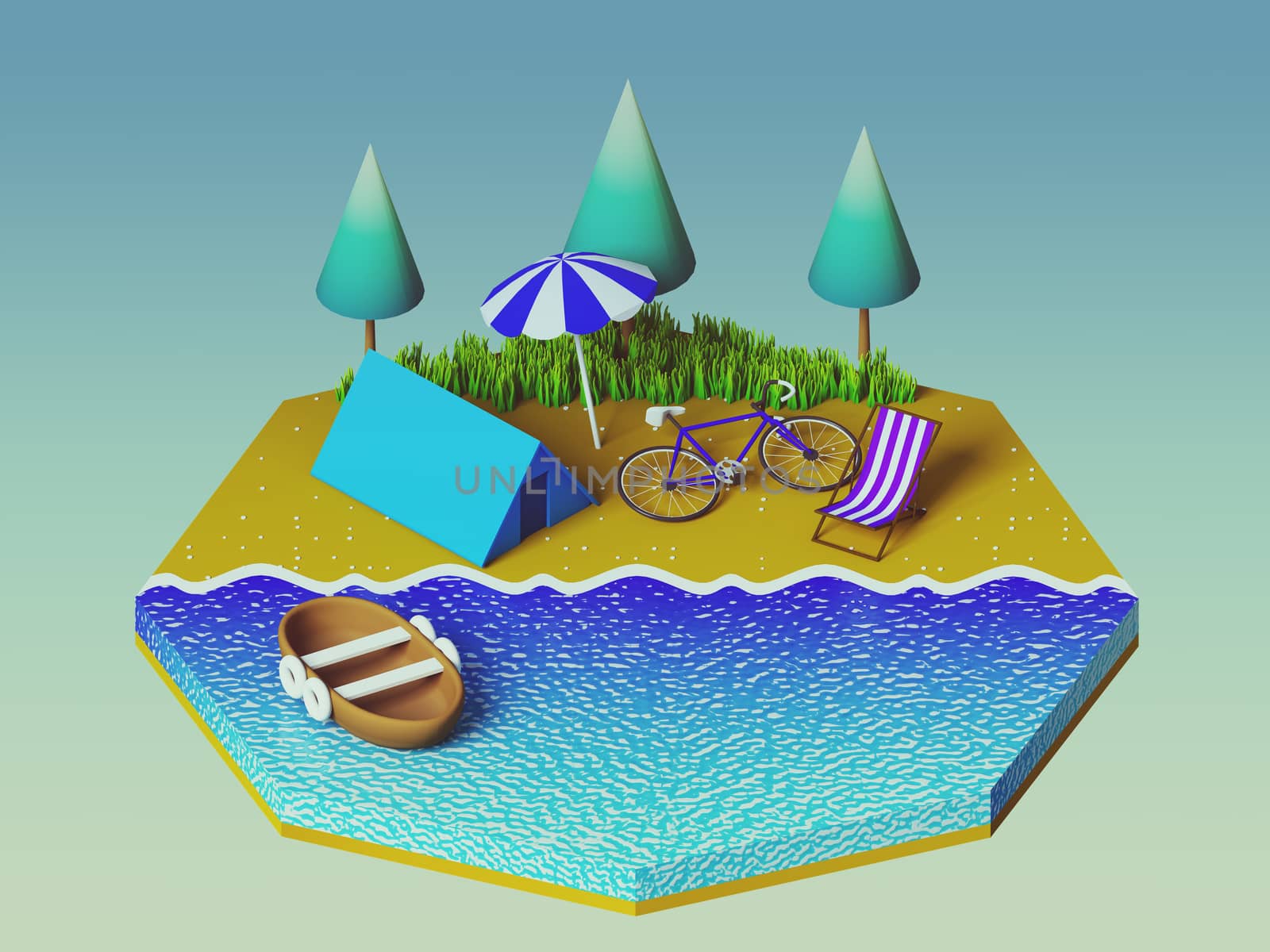 Isometric camping on the beach