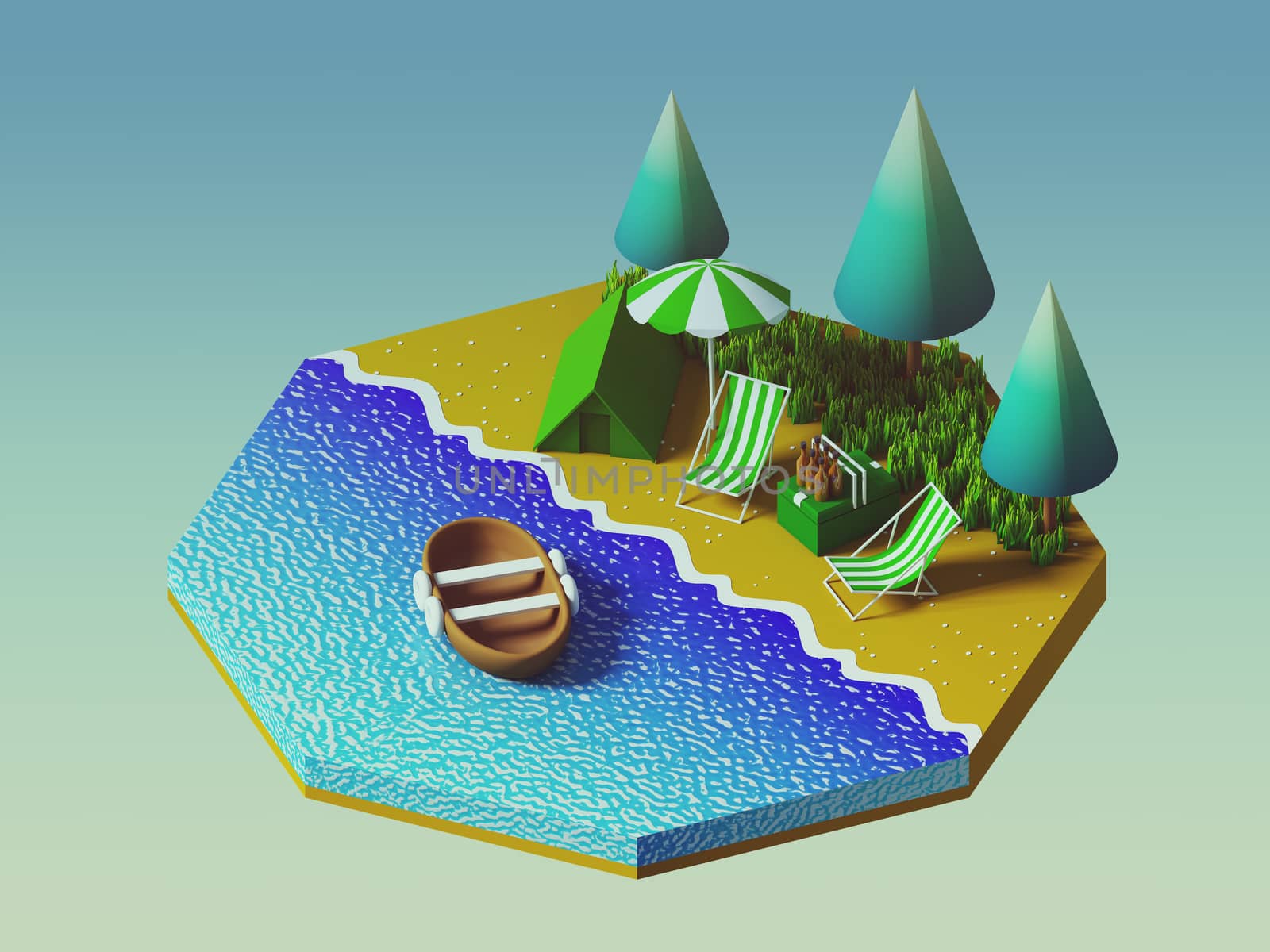 Isometric camping on the beach