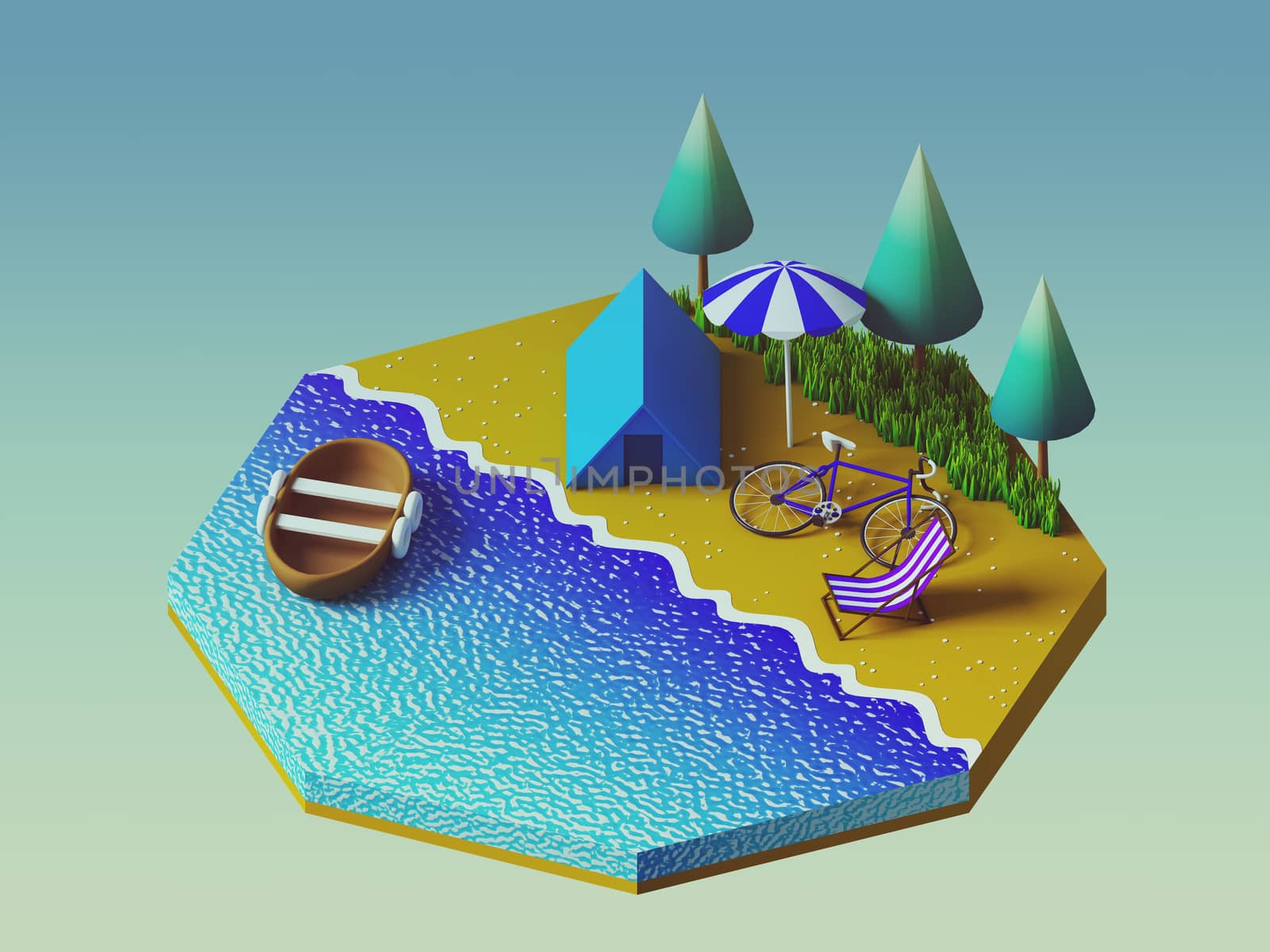 Isometric camping on the beach