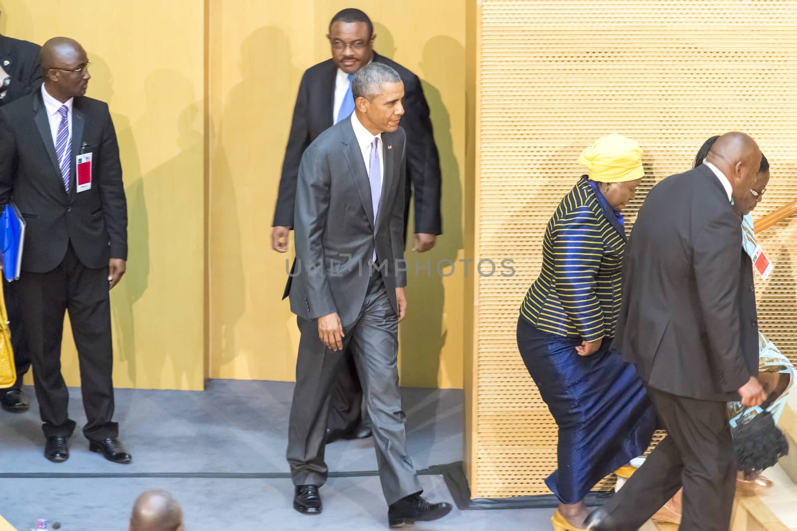 Addis Ababa - July 28: President Obama enters the Nelson Mandela Hall of the AU Conference Centre, to deliver a keynote speech to the African continent and its leaders, on July 28, 2015, at the in Addis Ababa, Ethiopia.