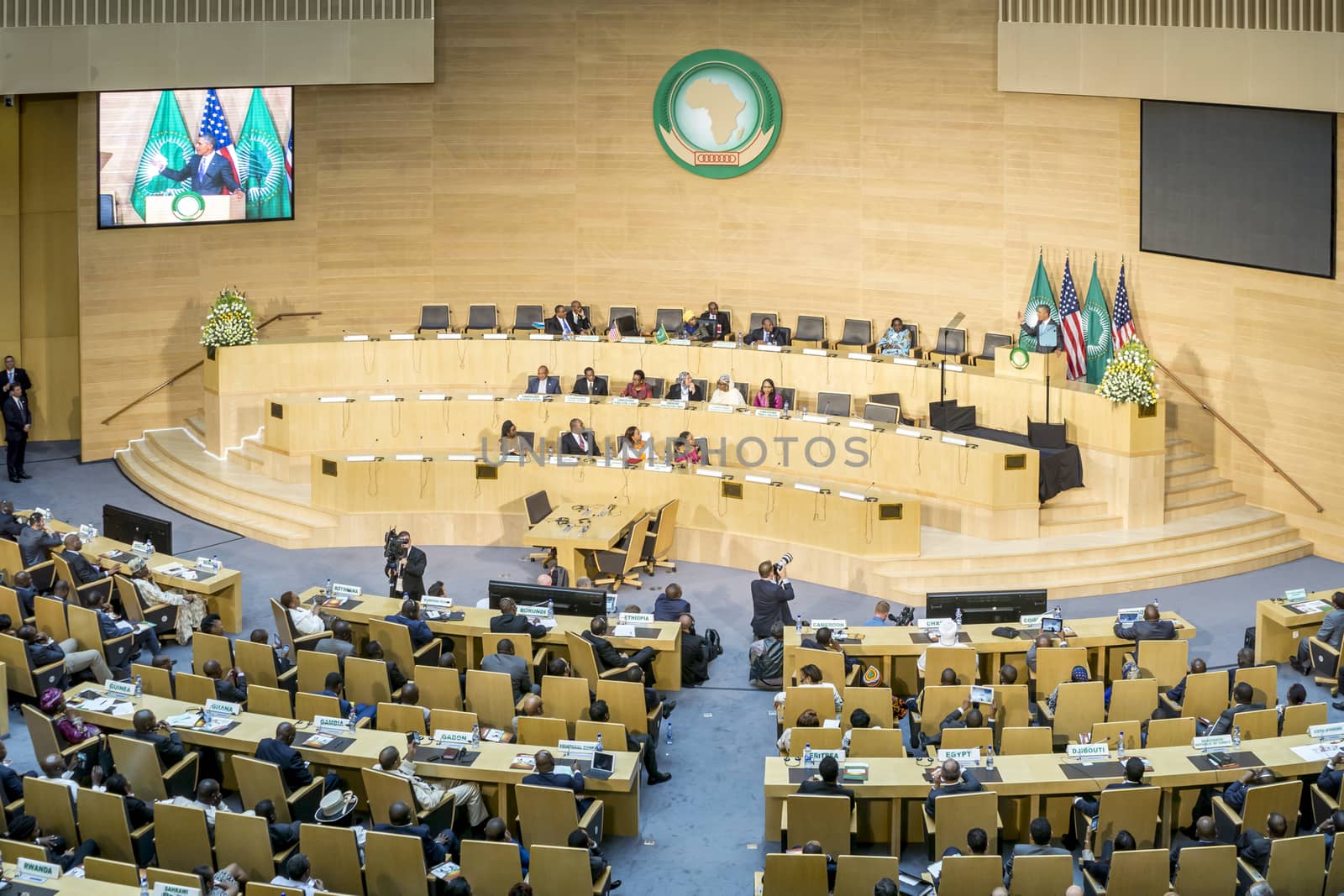 Addis Ababa - July 28: President Obama delivers a keynote speech to the African continent and its leaders, on July 28, 2015, at the Nelson Mandela Hall of the AU Conference Centre in Addis Ababa, Ethiopia.