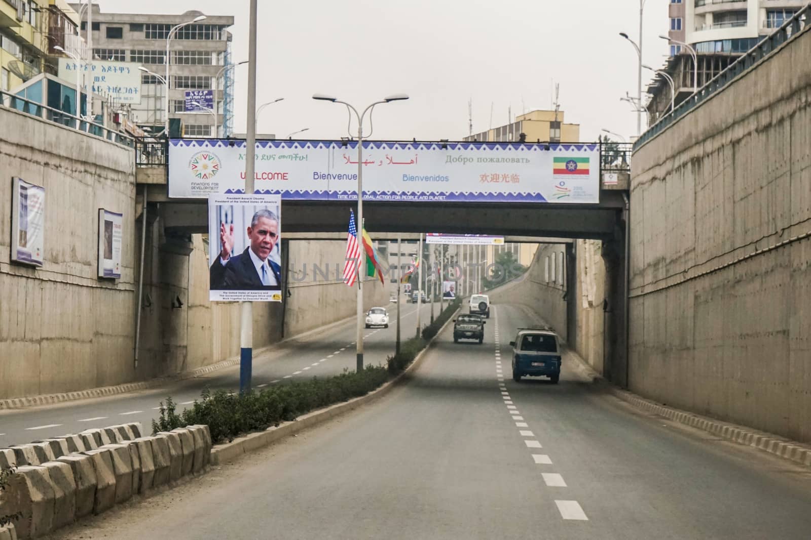 Addis Ababa - July 26: US Flags and pictures of President Barak Obama were posted on the streets of Addis Ababa, in preparation for Obama's historic visit to the country on on July 26, 2015, in Addis Ababa, Ethiopia.