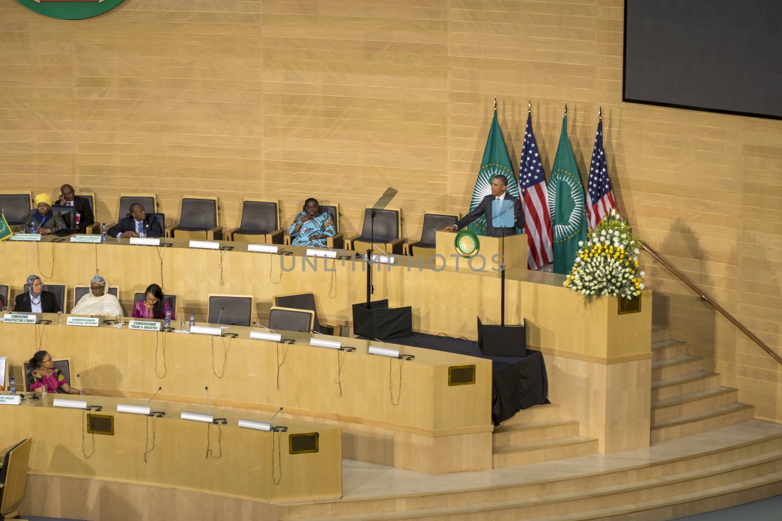 Addis Ababa - July 28: President Obama delivers a keynote speech to the African continent and its leaders, on July 28, 2015, at the Nelson Mandela Hall of the AU Conference Centre in Addis Ababa, Ethiopia.