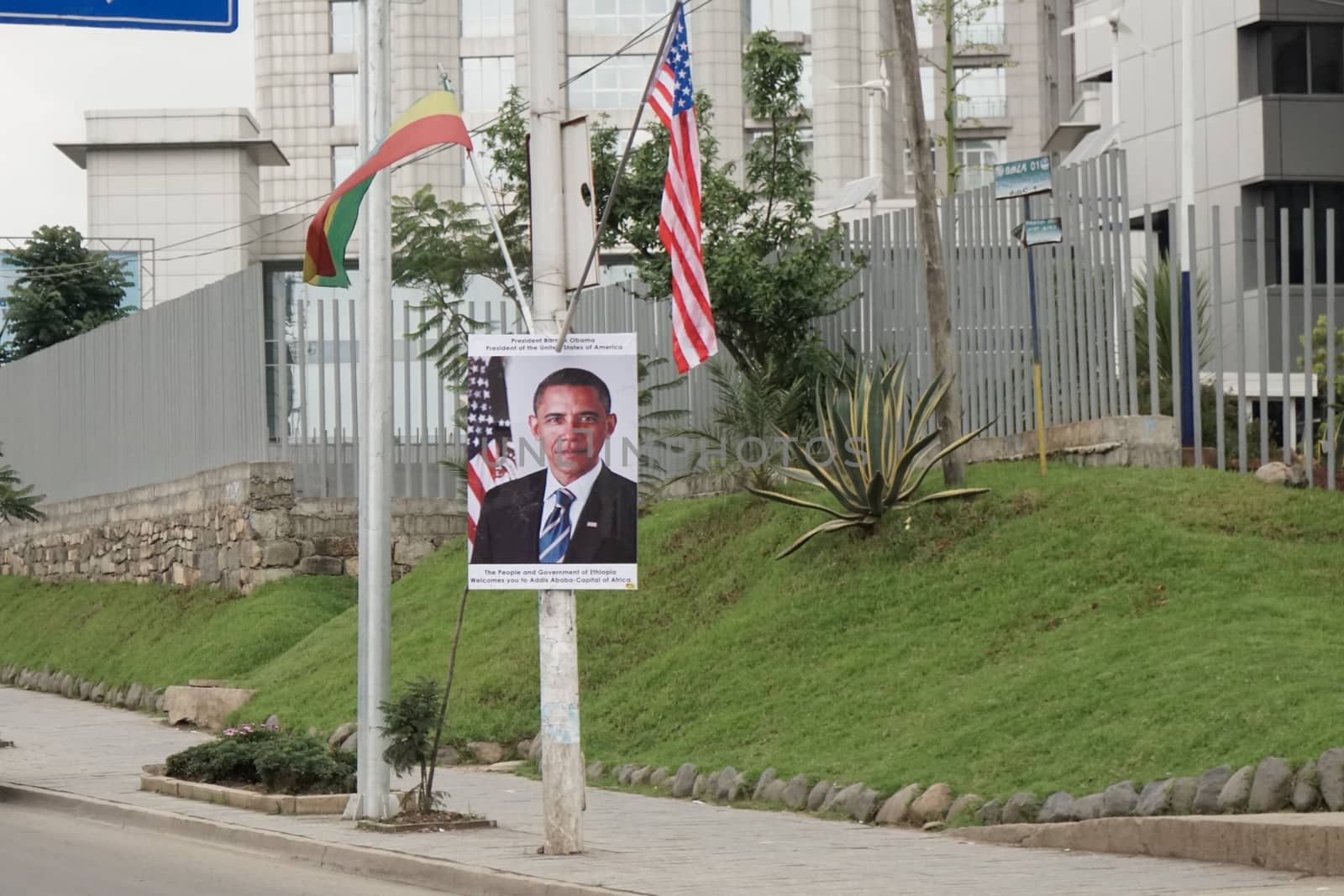 Addis Ababa - July 26: US Flags and pictures of President Barak Obama were posted on the streets of Addis Ababa, in preparation for Obama's historic visit to the country on on July 26, 2015, in Addis Ababa, Ethiopia.