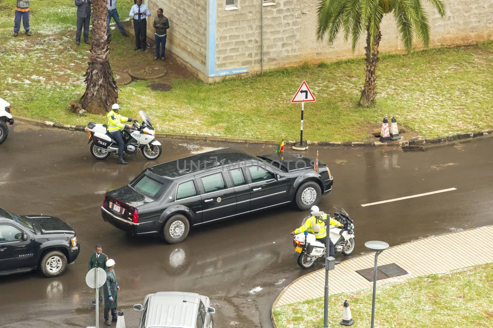 Addis Ababa - July 28: President Obama leaves the African Union Commission in his presidential car, on July 28, 2015, at the Nelson Mandela Hall of the AU Conference Centre in Addis Ababa, Ethiopia.