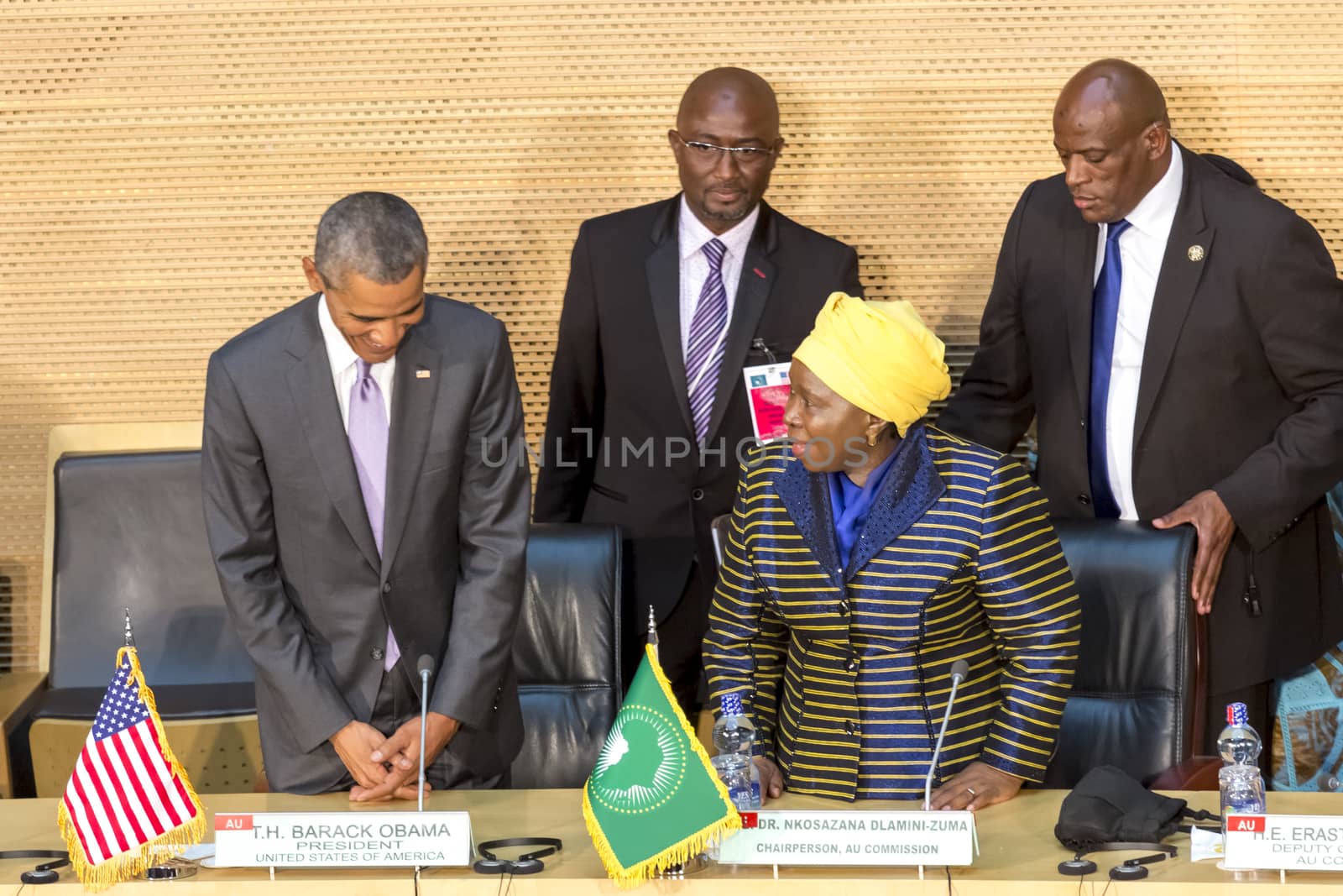 Addis Ababa - July 28: President Obama and Dr. Dlamini Zuma, take their designated seats at the Nelson Mandela Hall of the AU Conference Centre, on July 28, 2015, in Addis Ababa, Ethiopia.