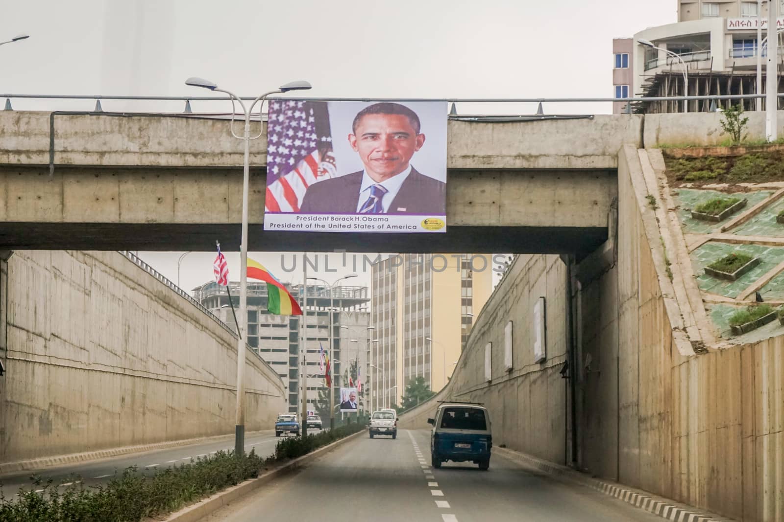 Addis Ababa - July 26: US Flags and pictures of President Barak Obama were posted on the streets of Addis Ababa, in preparation for Obama's historic visit to the country on on July 26, 2015, in Addis Ababa, Ethiopia.