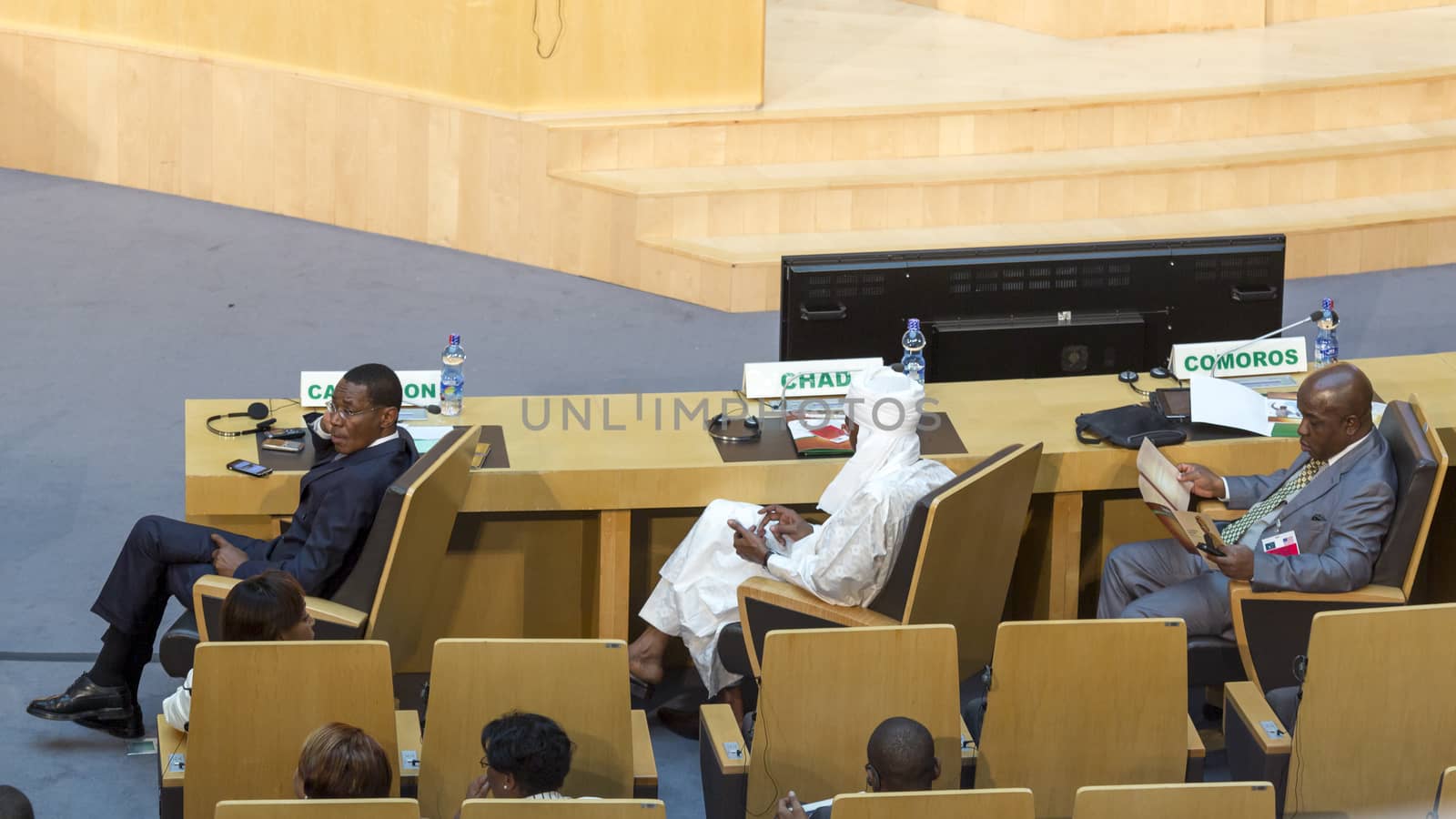 Addis Ababa - July 28: High level delegate of Cameroon, Chad and Comoros await the arrival of President Obama on July 28, 2015, at the AU Conference Centre in Addis Ababa, Ethiopia.