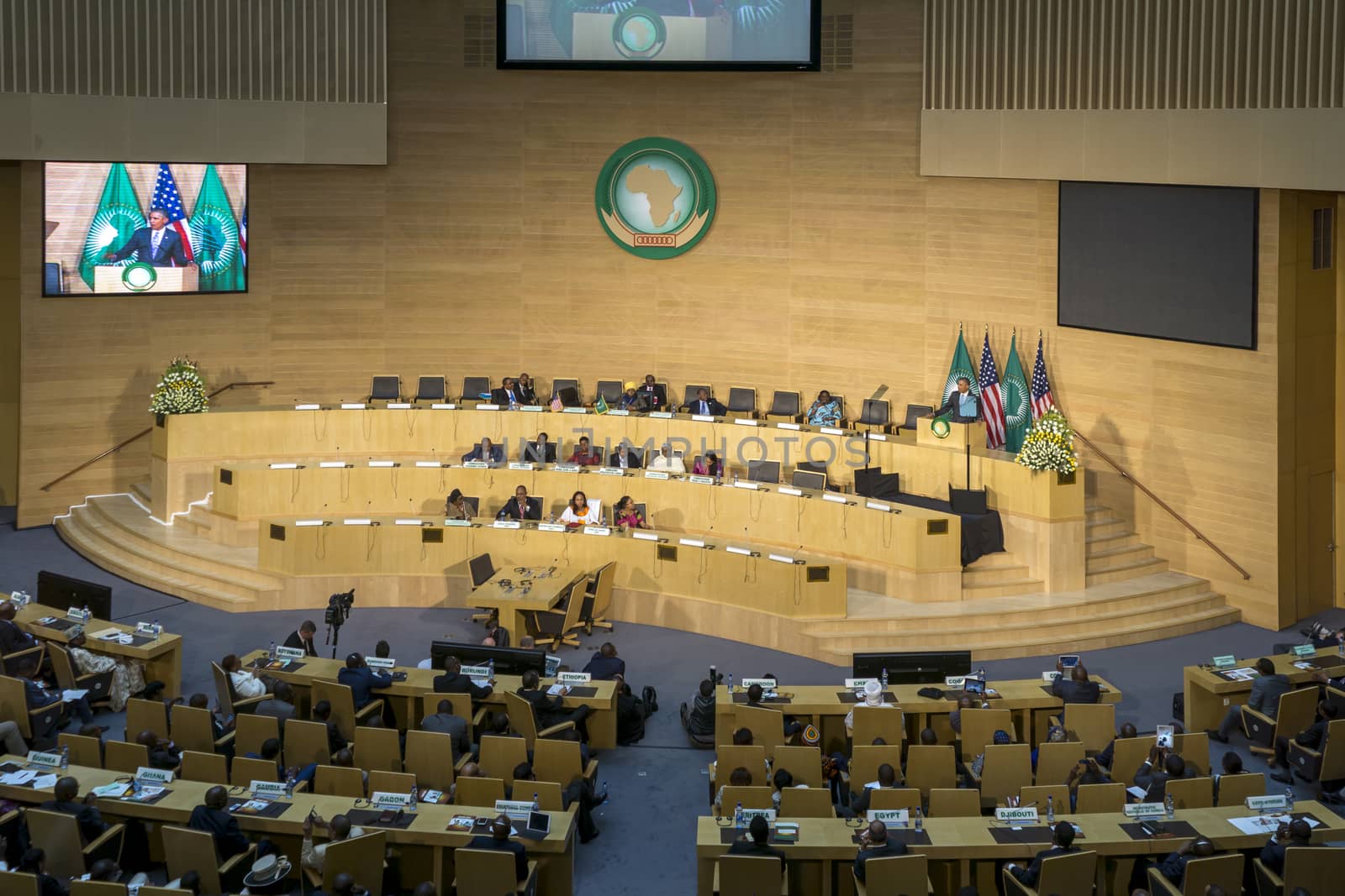 Addis Ababa - July 28: President Obama delivers a keynote speech to the African continent and its leaders, on July 28, 2015, at the Nelson Mandela Hall of the AU Conference Centre in Addis Ababa, Ethiopia.